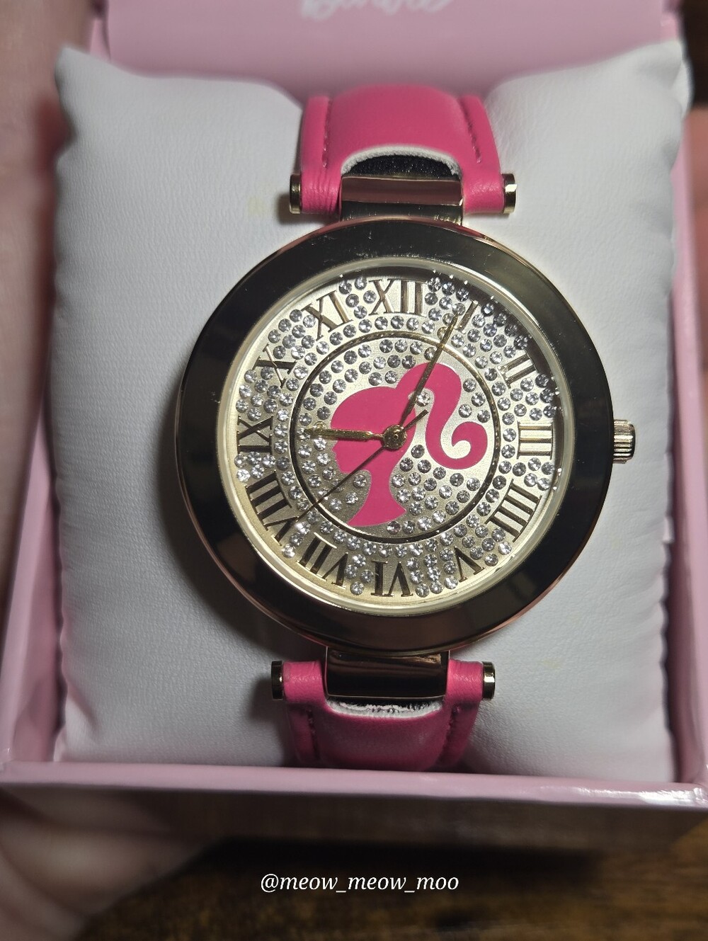 NIB Barbie Gold Tone Watch Pink Strap Crystal Rhinestone Dial